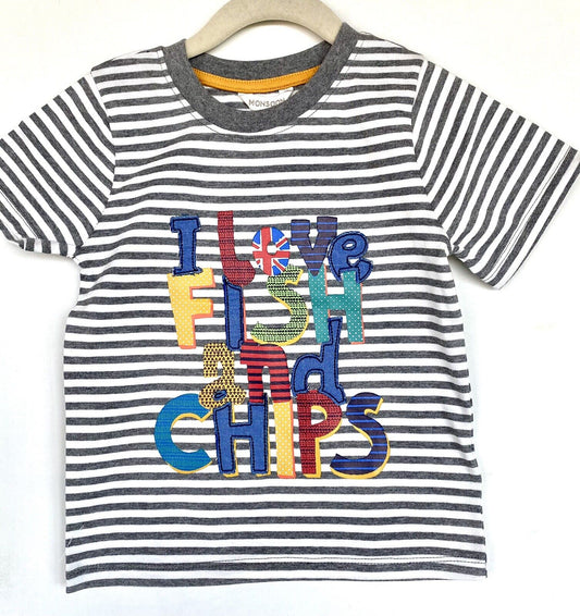 Monsoon London fish & chips kids tee Appliqué Embroidery 7-8 Y Stripe Price $25