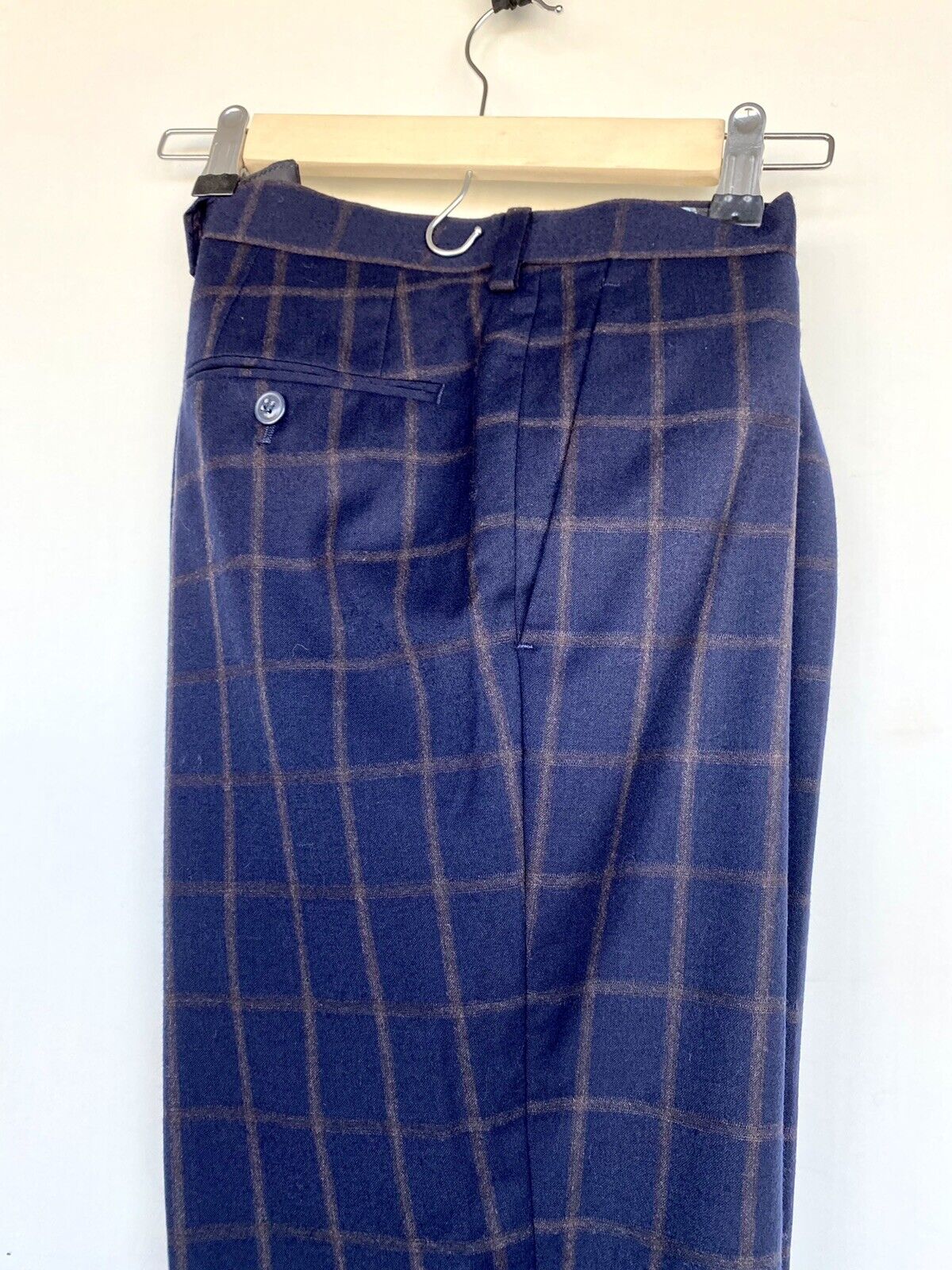 Tallia Mens Wool Pants Navy Brown 34X32 Cropped Windowpane Plaid Price $56