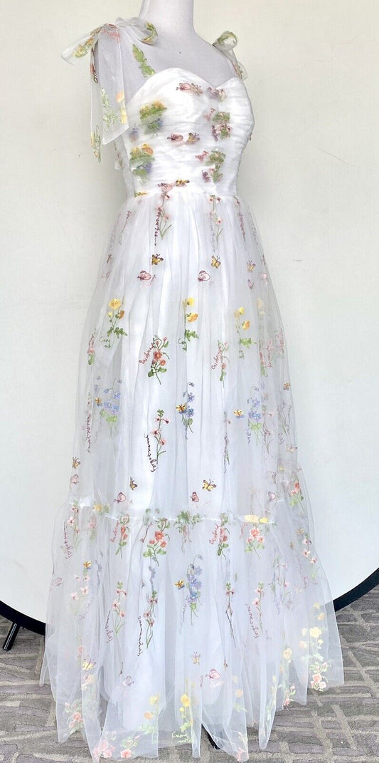 White Net embroidered Ruched Bodice With Lace Up Back size 4 price $130