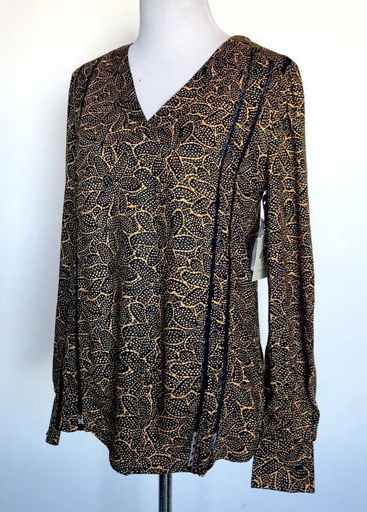 Hinge Camo Cactus Popover Blouse Mustard & Black Retail $69 Price $32 XS NWT