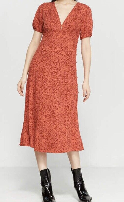 Free People Flame Red Boho Midi Dress Leopard Sz 0 Retail $168 Price $89 NWT