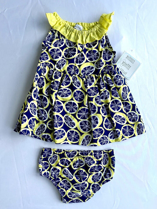 Quiltex Yellow & Blue Lemons Dress & Panties Set. NWT Price $26 3-6 Months