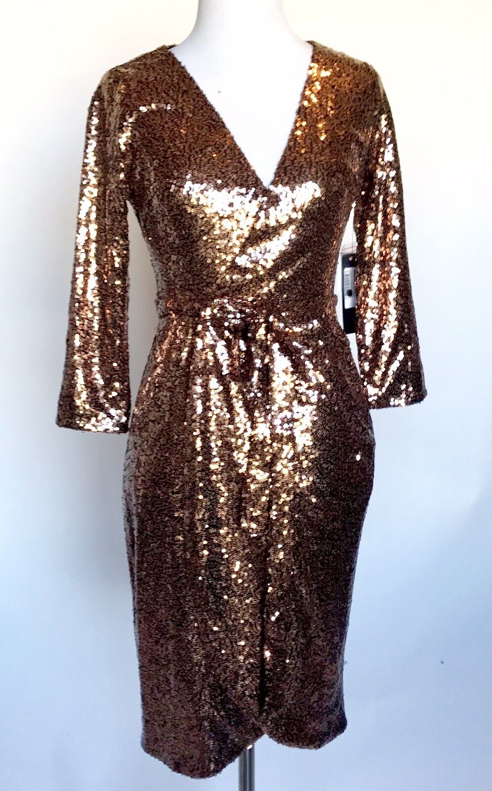 Aqua Bronze Sequined Party Cocktail Wrap Dress XS Retails $148 Price $65