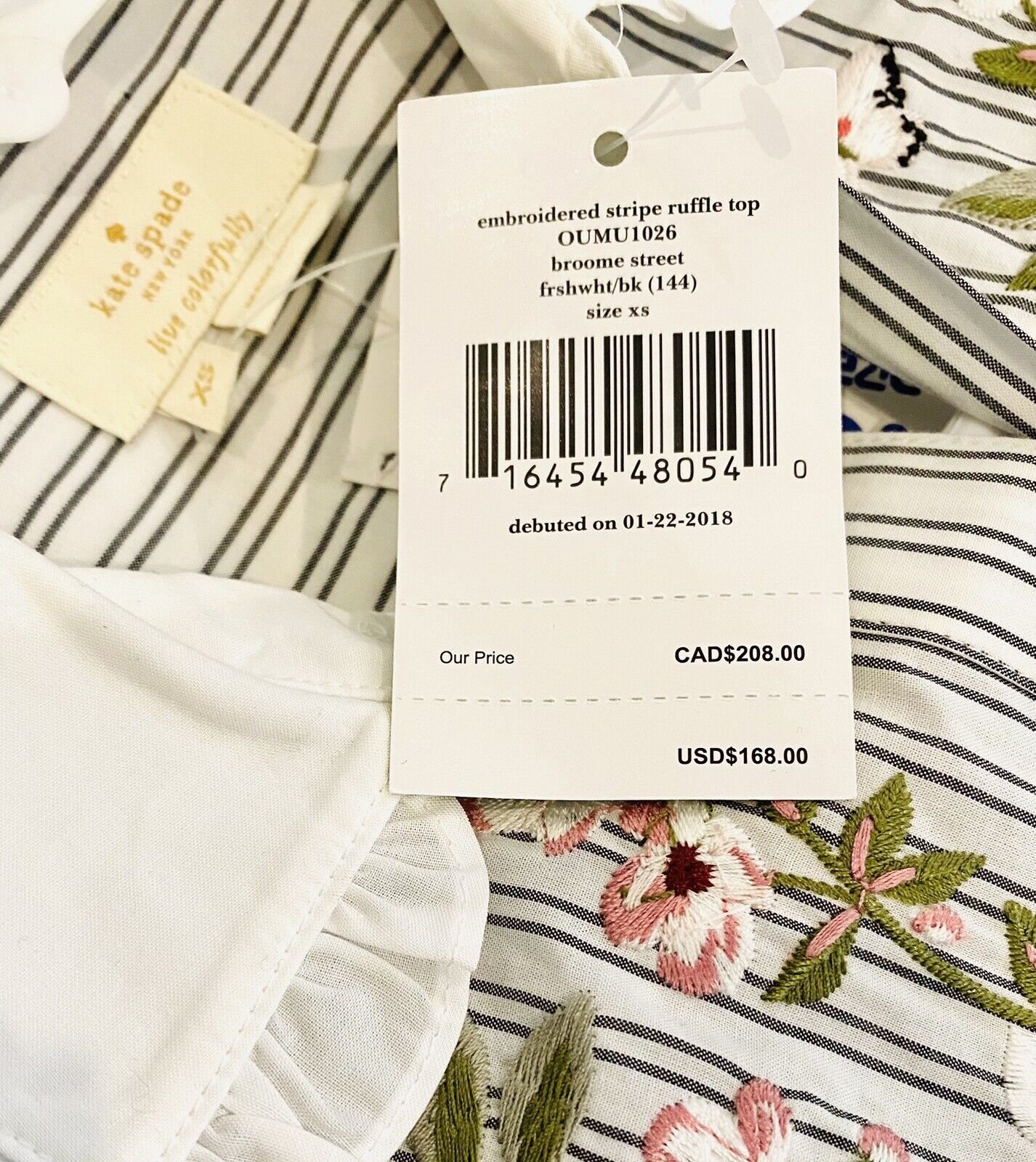 Kate Spade Embroidered Stripe Ruffle Shirt Retail $168 Price $69 Size XS NWT