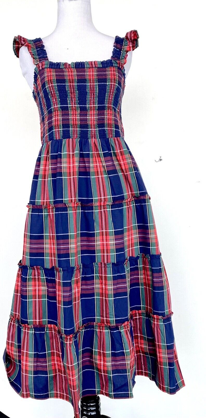 J.Crew Tartan Plaid Smocked Bodice Size PS Retail $128 Price $69 Cotton Poplin