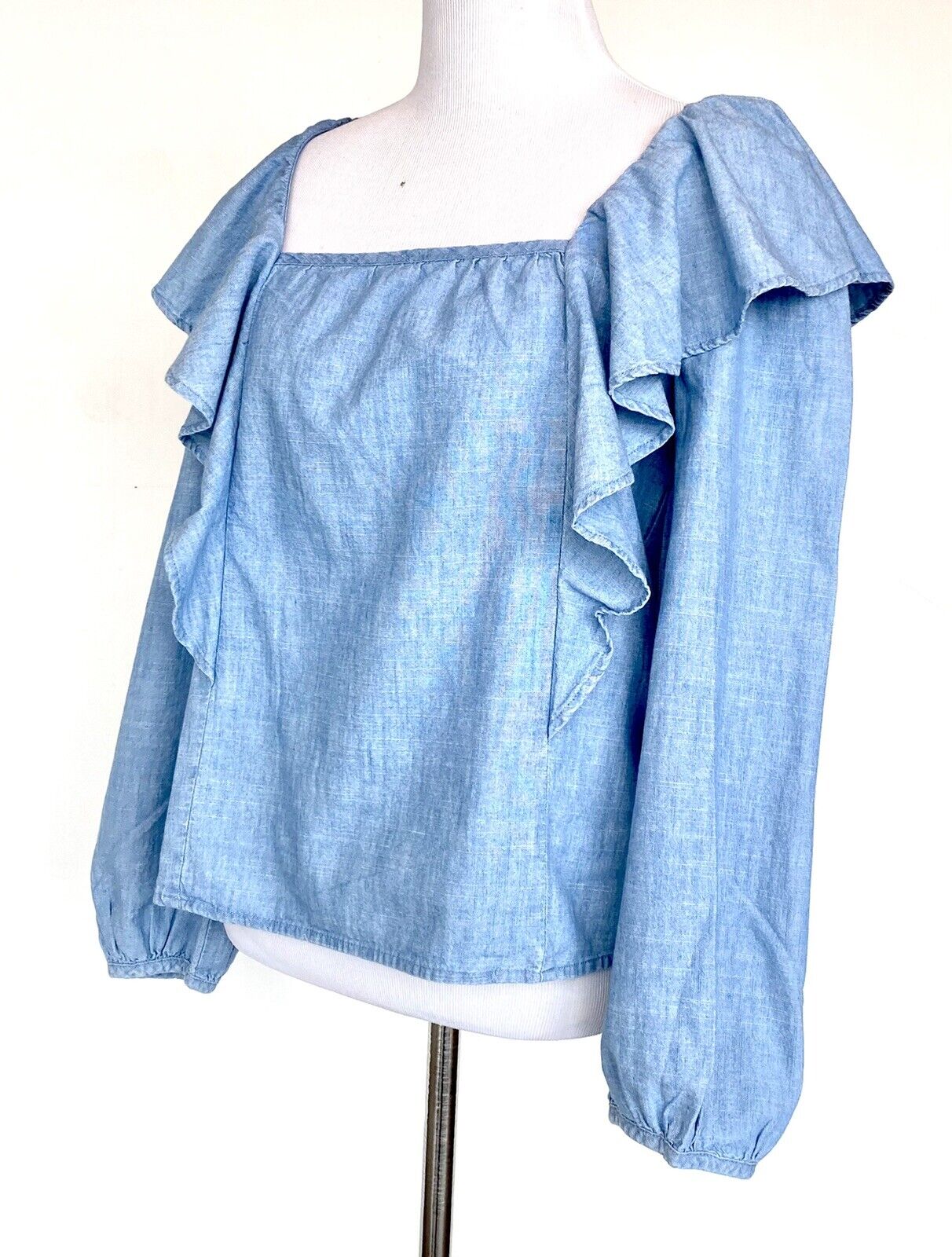 J Crew Chambray Ruffle Square Neck Retail $79.50 Price $45 Size XS