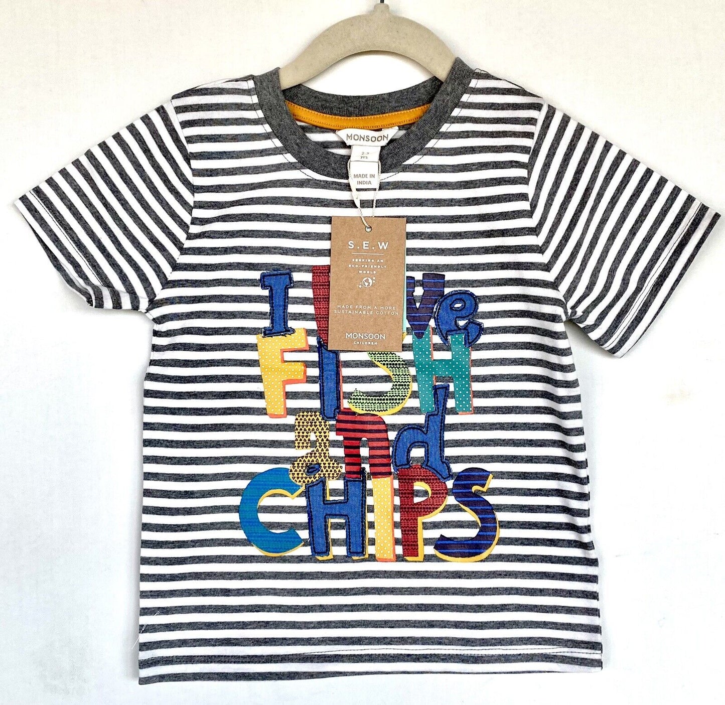 Monsoon London fish & chips kids tee Appliqué Embroidery 3-4 Y Stripe Price $25