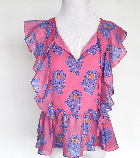 J Marie Piper Flutter Sleeve Top size S Retail $88 Price $58 Pink Tie Neck