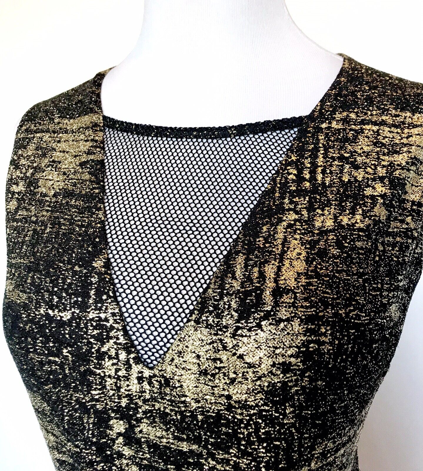 Melloday Gold And Black Mesh Cutout Stretch Dress Size Large. Price $44. NWT