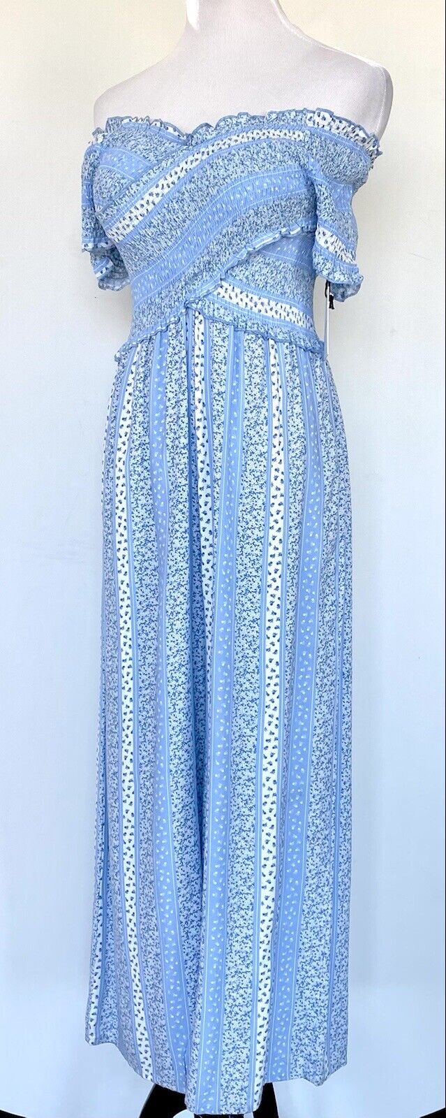 Japna surplice smocked body jumpsuit Size Small Price $49 Blue White Wide Leg