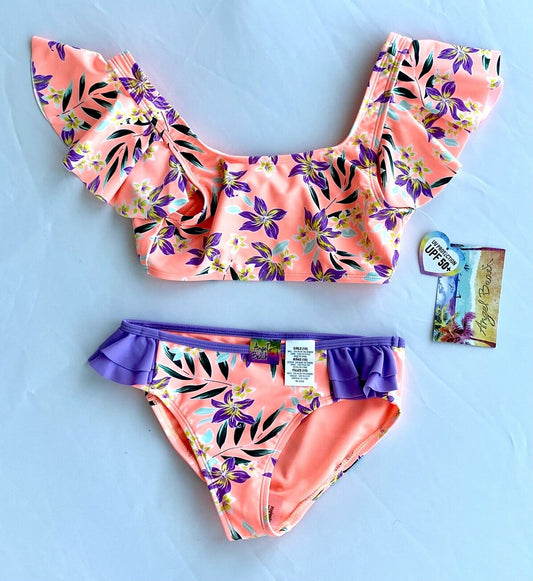 Angel Beach Coral Flounce Ruffle Swim Set Bikini Age 10 Price $24.99