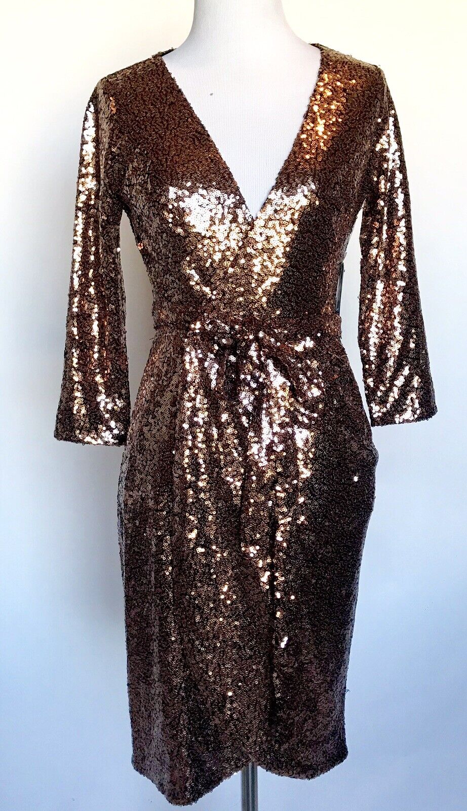 Aqua Bronze Sequined Party Cocktail Wrap Dress XS Retails $148 Price $65