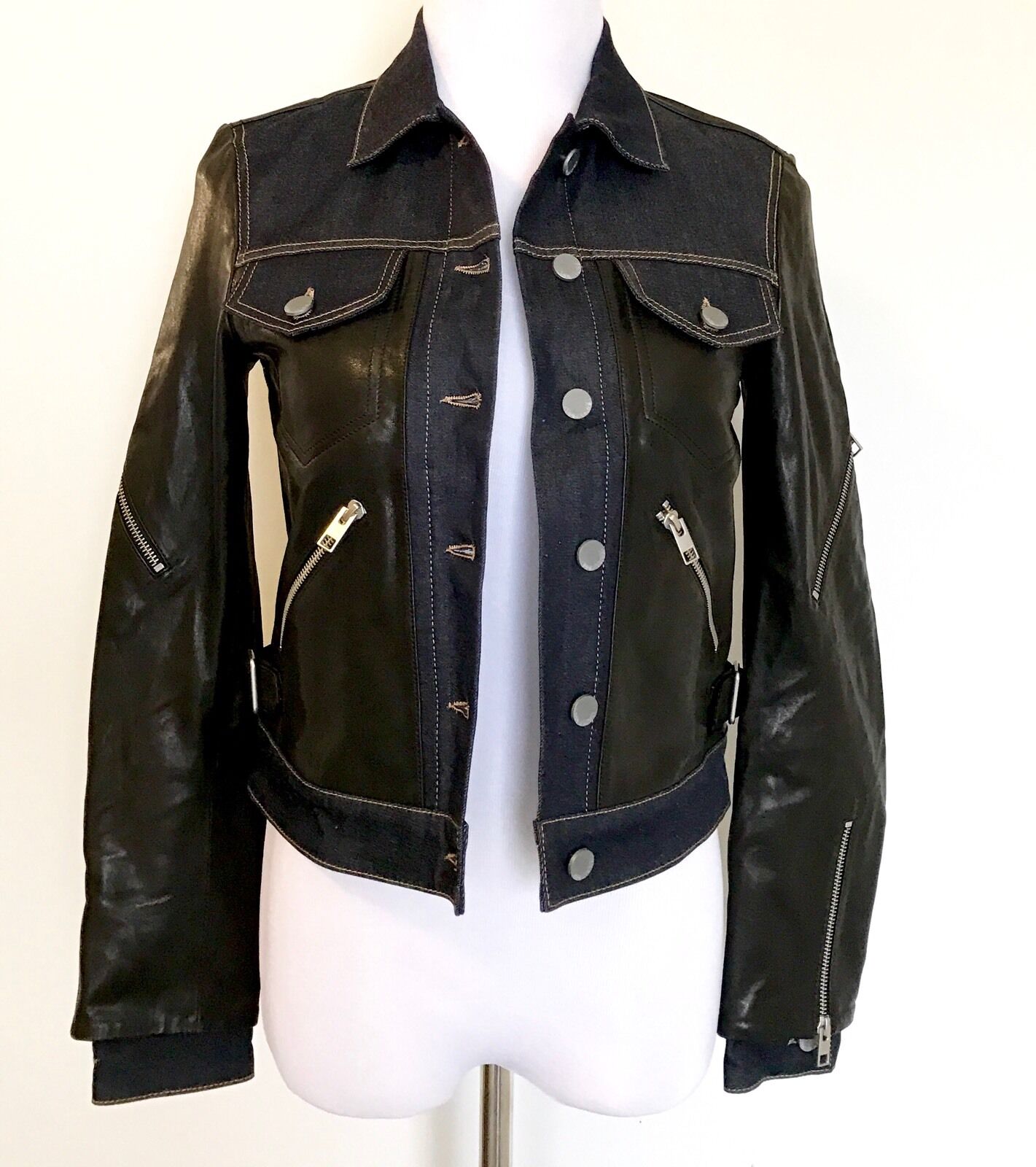 AllSaints Curtis Denim & Leather Biker Jacket NWT Retail $725 Price $395 Size 6