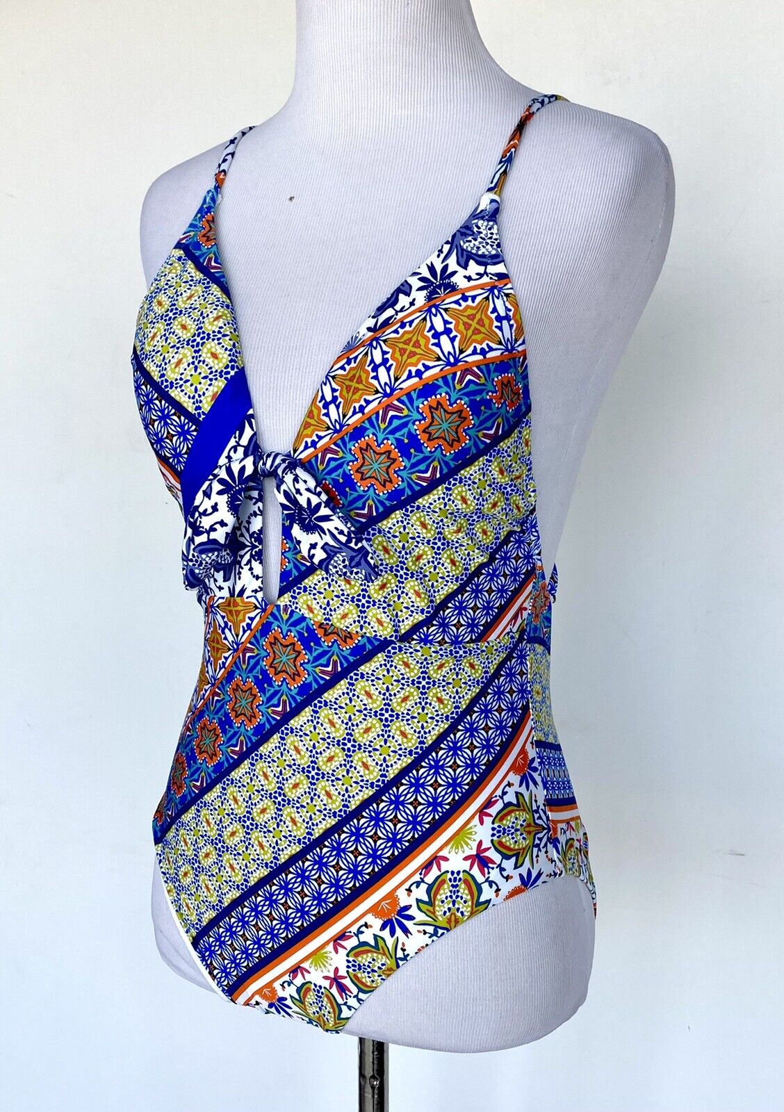 Nanette Lepore Patchwork Goddess Plunge Swimsuit NWT Sz 2 Retail $142 Price $49