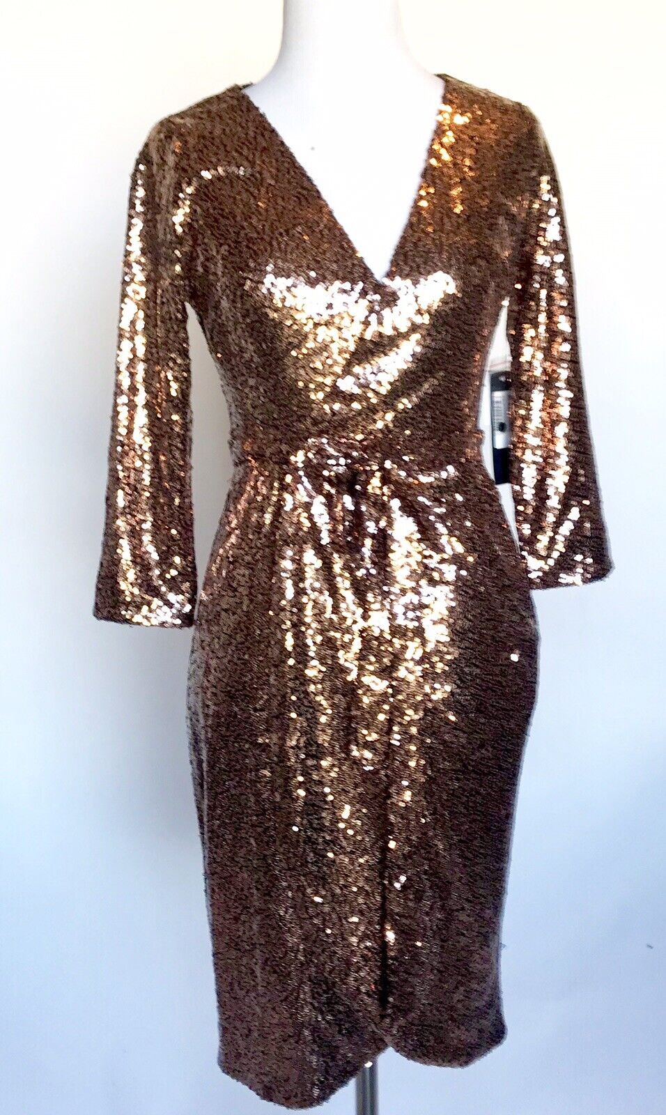 Aqua Bronze Sequined Party Cocktail Wrap Dress S Retails $148 Price $65