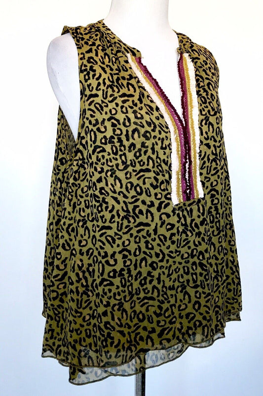 Scotch & Soda Green Animal Print Embroidered Top Blouse XS Retail $125 Price $56