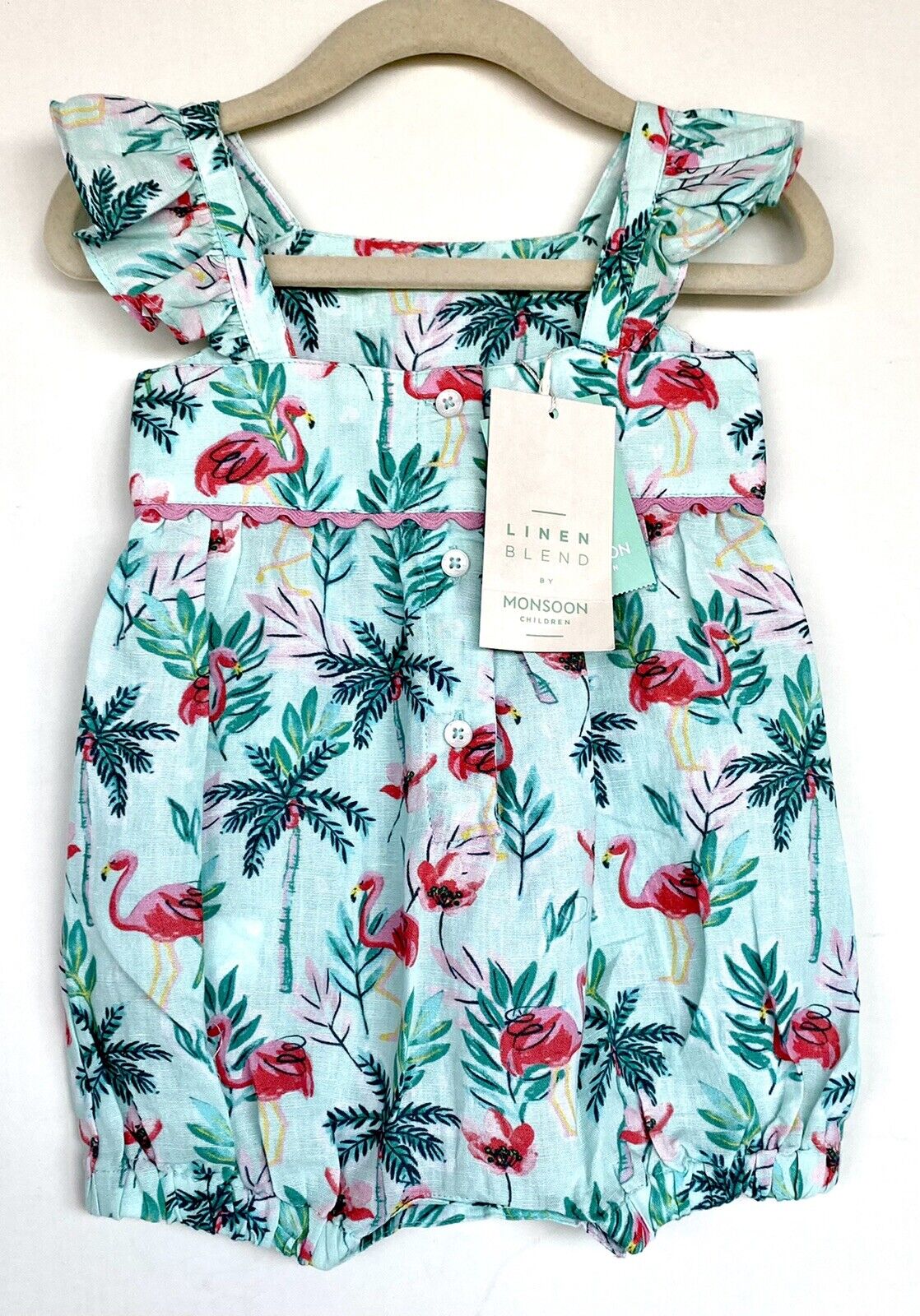 Monsoon London Flamingo Linen Blend Romper 3-6M Ric Rac Price $35