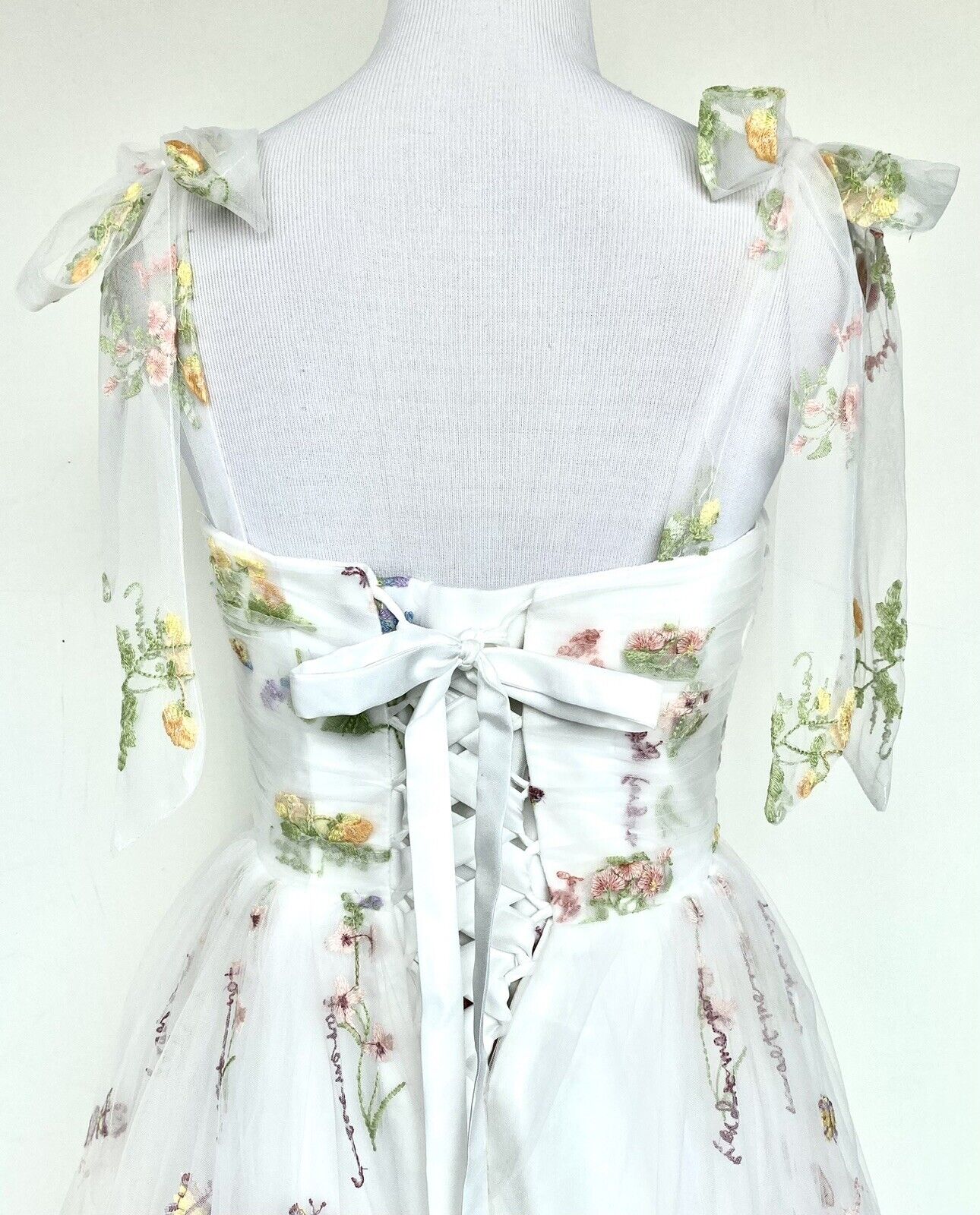 White Net embroidered Ruched Bodice With Lace Up Back size 4 price $130