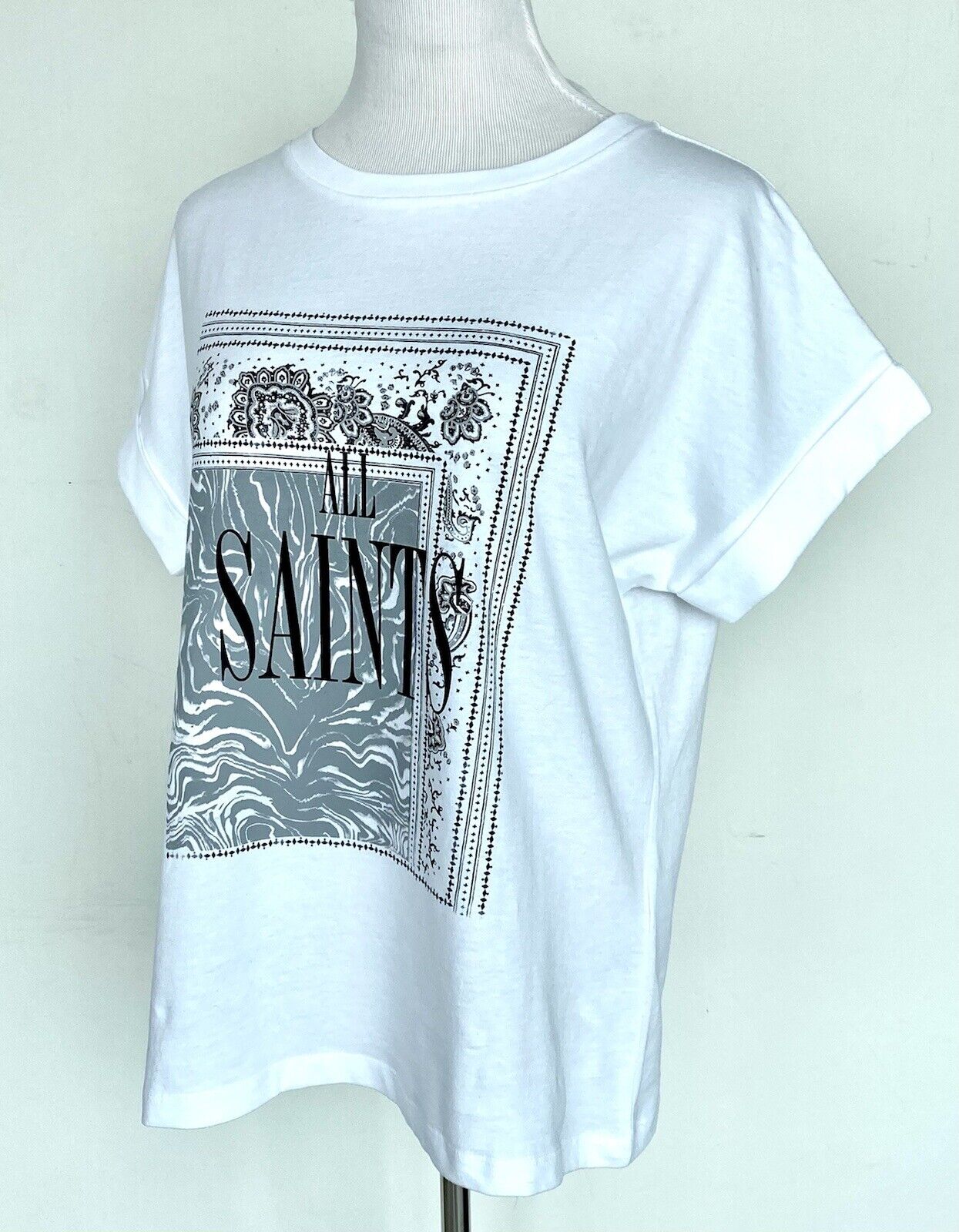 AllSaints Zebura Imogen Boy Tee NWT Price $39 Size XS/ S Roll Sleeve White